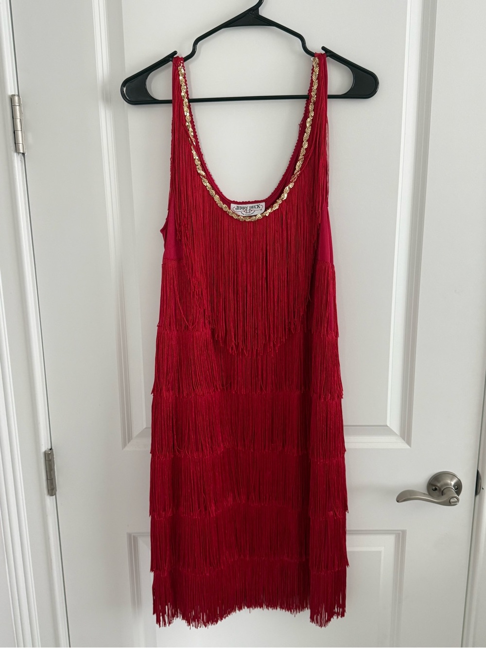 Red Fringe Mini Dress with Gold-Trim Scoop Neck
